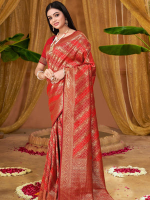 Rajwada Red Woven Banarasi Silk Saree With unstitched Blouse For Women