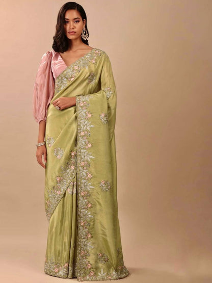 Rajwada Yellow Embroidered Chinnon Silk Saree With Unstitched Blouse For Women