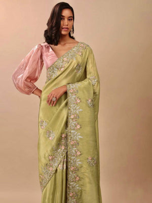 Rajwada Yellow Embroidered Chinnon Silk Saree With Unstitched Blouse For Women