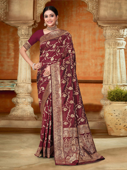 Rajwada Maroon Woven Banarasi Silk Saree With unstitched Blouse For Women