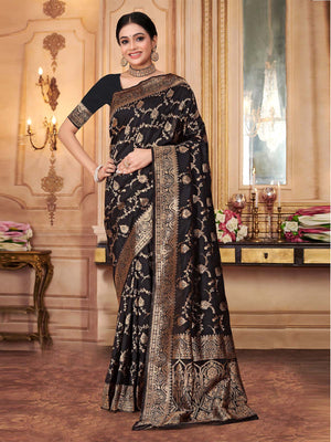 Rajwada Black Woven Banarasi Silk Saree With Unstitched Blouse For Women