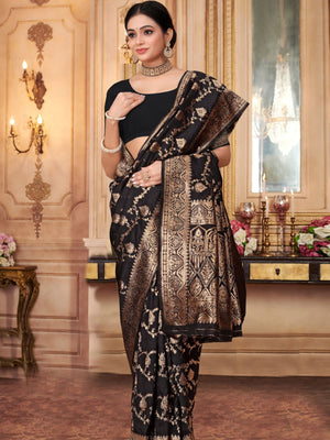 Rajwada Black Woven Banarasi Silk Saree With Unstitched Blouse For Women