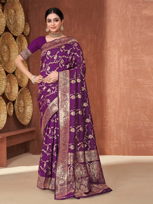 Rajwada Purple Woven Banarasi Silk Saree With unstitched Blouse For Women