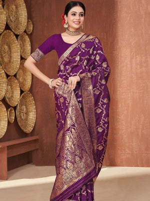 Rajwada Purple Woven Banarasi Silk Saree With unstitched Blouse For Women