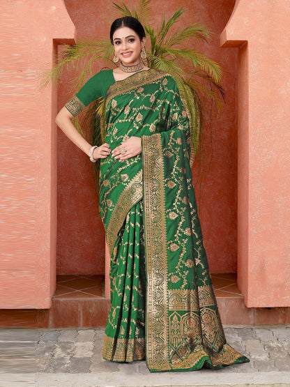 Rajwada Green Woven Banarasi Silk Saree With unstitched Blouse For Women