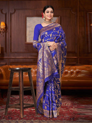 Rajwada Royal Blue Woven Banarasi Silk Saree With unstitched Blouse For Women