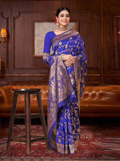 Rajwada Royal Blue Woven Banarasi Silk Saree With unstitched Blouse For Women