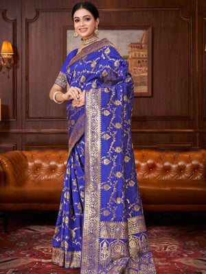 Rajwada Royal Blue Woven Banarasi Silk Saree With unstitched Blouse For Women