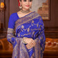 Rajwada Royal Blue Woven Banarasi Silk Saree With unstitched Blouse For Women