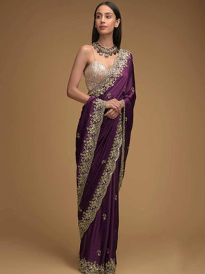 Rajwada Purple Embroidered Silk Blend Saree With Unstitched Blouse For Women