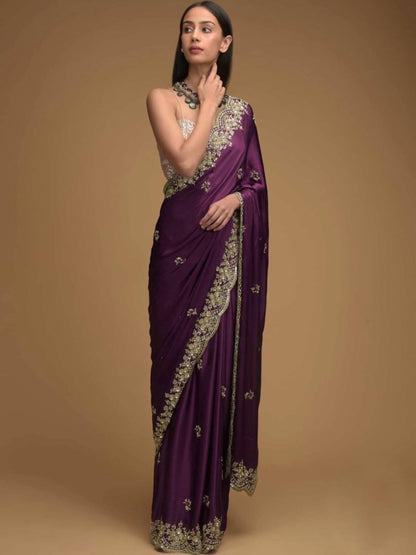 Rajwada Purple Embroidered Silk Blend Saree With Unstitched Blouse For Women