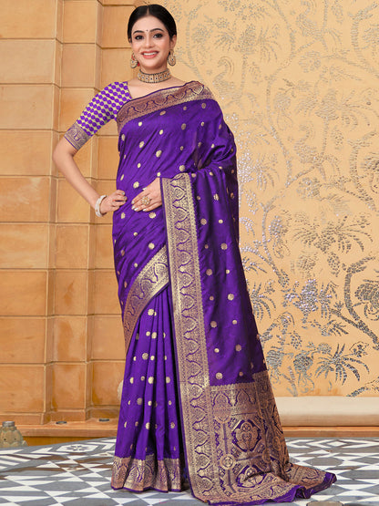 Rajwada Purple Banarasi Woven Saree With Unstitched Blouse For Women