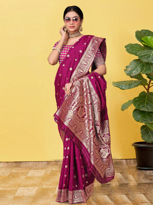 Rajwada Wine  Banarasi Woven Saree With Unstitched Blouse For Women