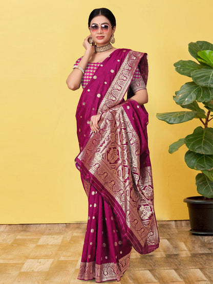 Rajwada Wine  Banarasi Woven Saree With Unstitched Blouse For Women
