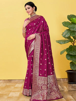 Rajwada Wine  Banarasi Woven Saree With Unstitched Blouse For Women