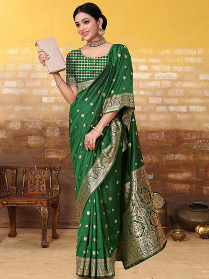Rajwada Green Banarasi Woven Saree With Unstitched Blouse For Women
