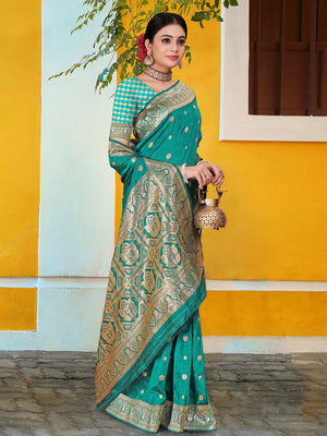 Rajwada Teal Banarasi Woven Saree With Unstitched Blouse For Women