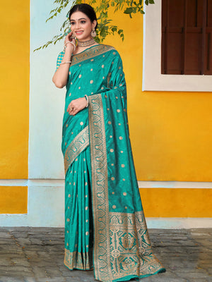 Rajwada Teal Banarasi Woven Saree With Unstitched Blouse For Women