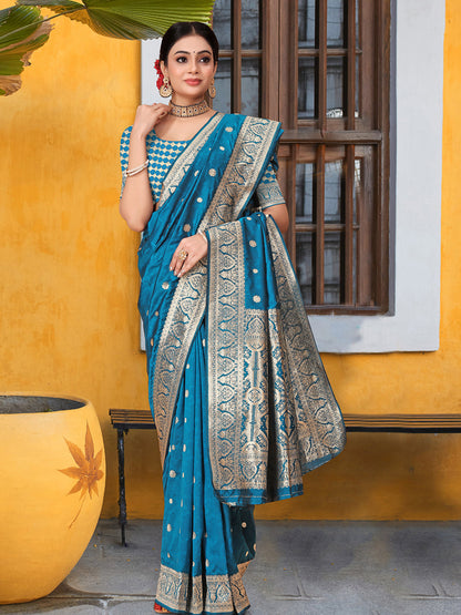 Rajwada Blue Banarasi Woven Saree With Unstitched Blouse For Women