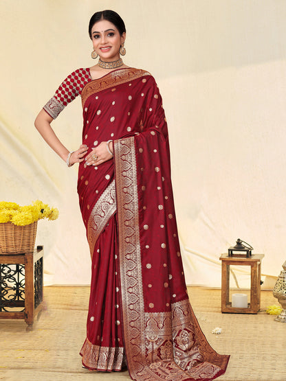 Rajwada Maroon Banarasi Woven Saree With Unstitched Blouse For Women