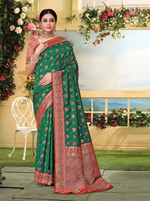 Rajwada Green Woven Banarasi Silk Saree With unstitched Blouse For Women
