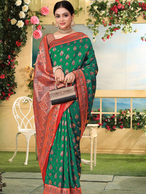 Rajwada Green Woven Banarasi Silk Saree With unstitched Blouse For Women