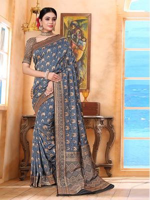 Rajwada Grey Woven Banarasi Silk Saree With unstitched Blouse For Women