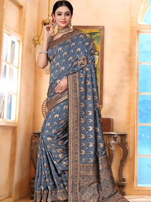 Rajwada Grey Woven Banarasi Silk Saree With unstitched Blouse For Women