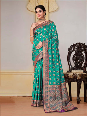 Rajwada Teal Woven Banarasi Silk Saree With unstitched Blouse For Women