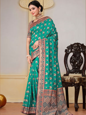 Rajwada Teal Woven Banarasi Silk Saree With unstitched Blouse For Women