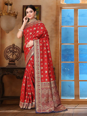Rajwada Red Woven Banarasi Silk Saree With unstitched Blouse For Women