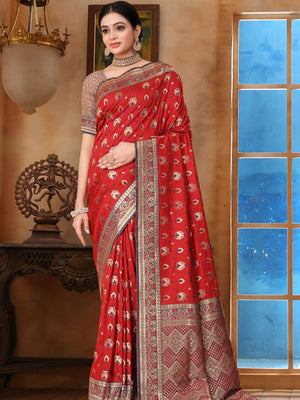 Rajwada Red Woven Banarasi Silk Saree With unstitched Blouse For Women