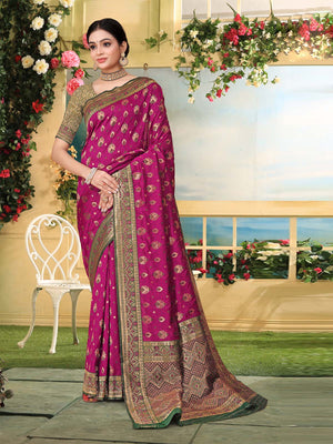 Rajwada Magenta Woven Banarasi Silk Saree With unstitched Blouse For Women