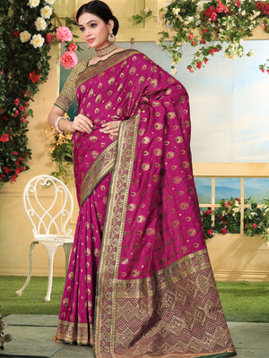 Rajwada Magenta Woven Banarasi Silk Saree With unstitched Blouse For Women