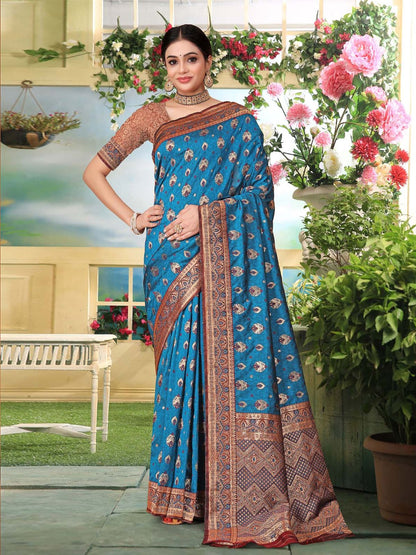 Rajwada Blue Woven Banarasi Silk Saree With Unstitched Blouse For Women