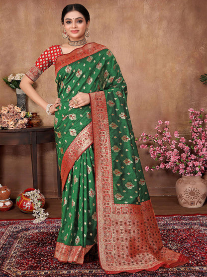Rajwada Green Woven Banarasi Silk Saree With Unstitched Blouse For Women