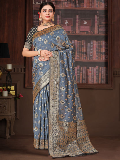 Rajwada Grey Woven Banarasi Silk Saree With Unstitched Blouse For Women