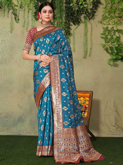 Rajwada Blue Woven Banarasi Silk Saree With unstitched Blouse For Women