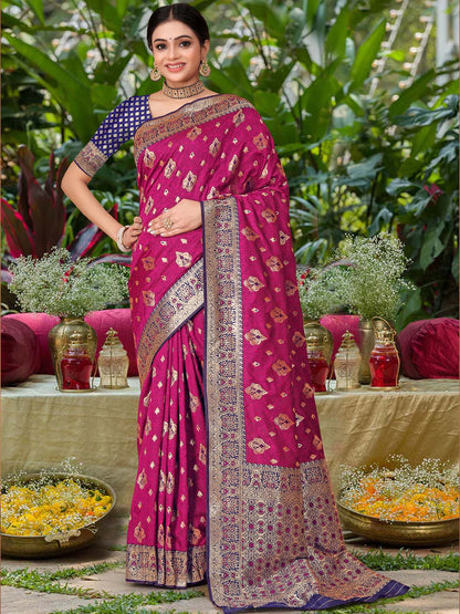 Rajwada Purple Woven Banarasi Silk Saree With Unstitched Blouse For Women