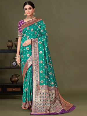 Rajwada Teal Woven Banarasi Silk Saree With Unstitched Blouse For Women