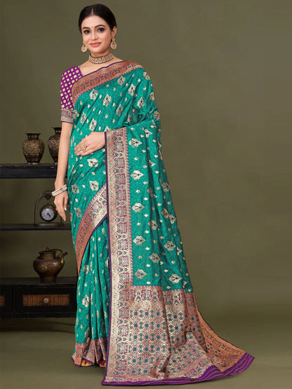 Rajwada Teal Woven Banarasi Silk Saree With Unstitched Blouse For Women