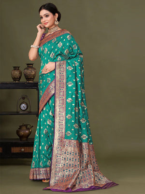 Rajwada Teal Woven Banarasi Silk Saree With Unstitched Blouse For Women