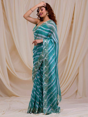 Rajwada Sea Green Embroidered Georgette Saree With Unstitched Blouse For Women