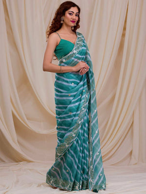 Rajwada Sea Green Embroidered Georgette Saree With Unstitched Blouse For Women
