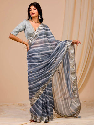 Rajwada Grey Embroidered Georgette Saree With Unstitched Blouse For Women