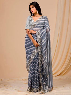Rajwada Grey Embroidered Georgette Saree With Unstitched Blouse For Women