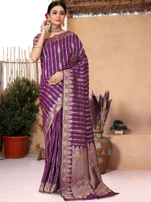 Rajwada Purple Woven Banarasi Silk Saree With Unstitched Blouse For Women
