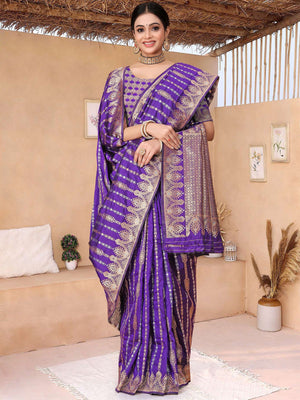 Rajwada Purple Woven Banarasi Silk Saree With Unstitched Blouse For Women
