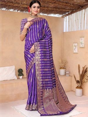 Rajwada Purple Woven Banarasi Silk Saree With Unstitched Blouse For Women