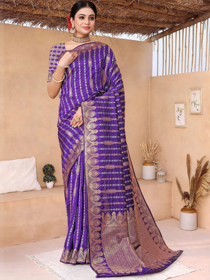 Rajwada Purple Woven Banarasi Silk Saree With Unstitched Blouse For Women
